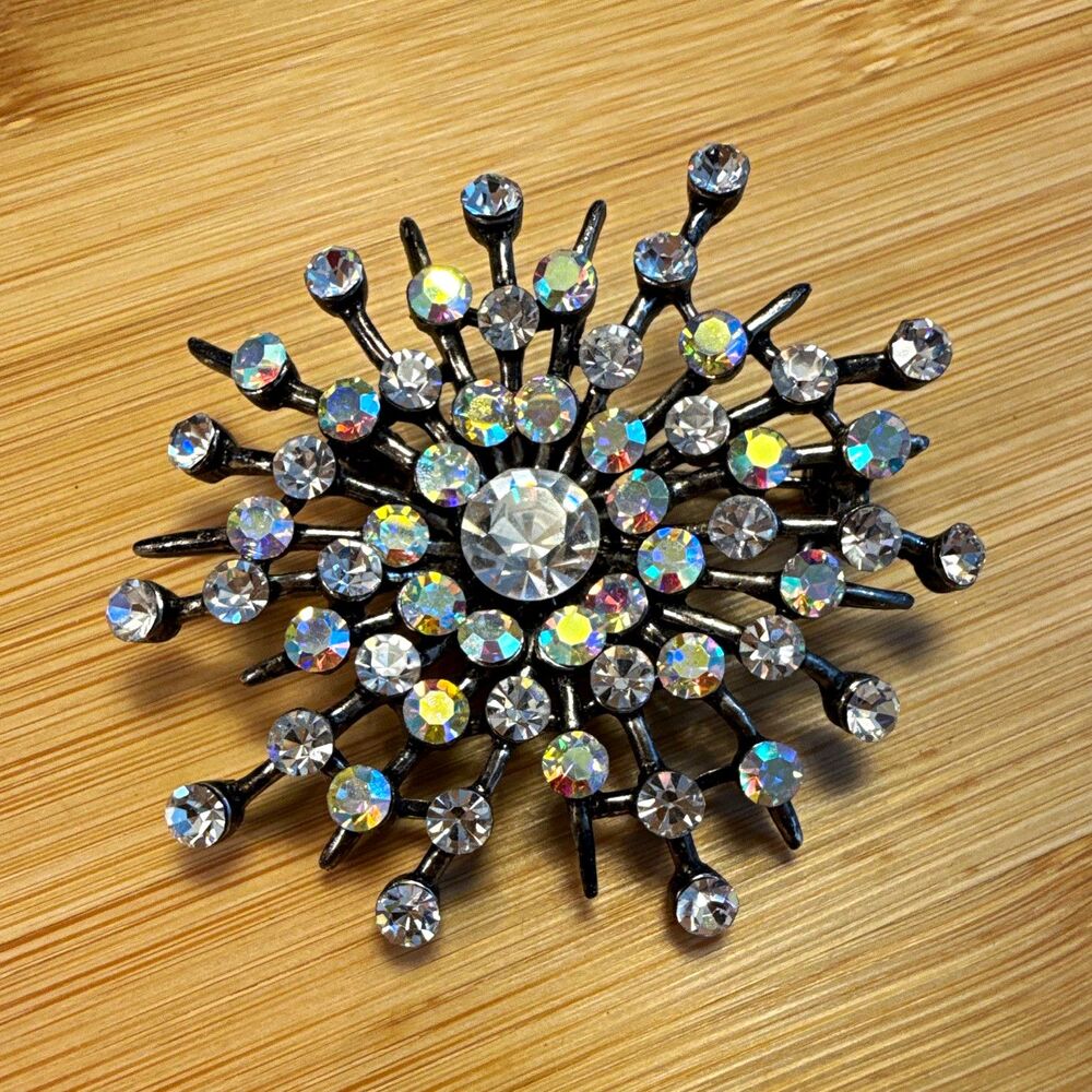 Starburst Rhinestone Crystal Brooch Pin Silver/Black Tone Metal 2 in